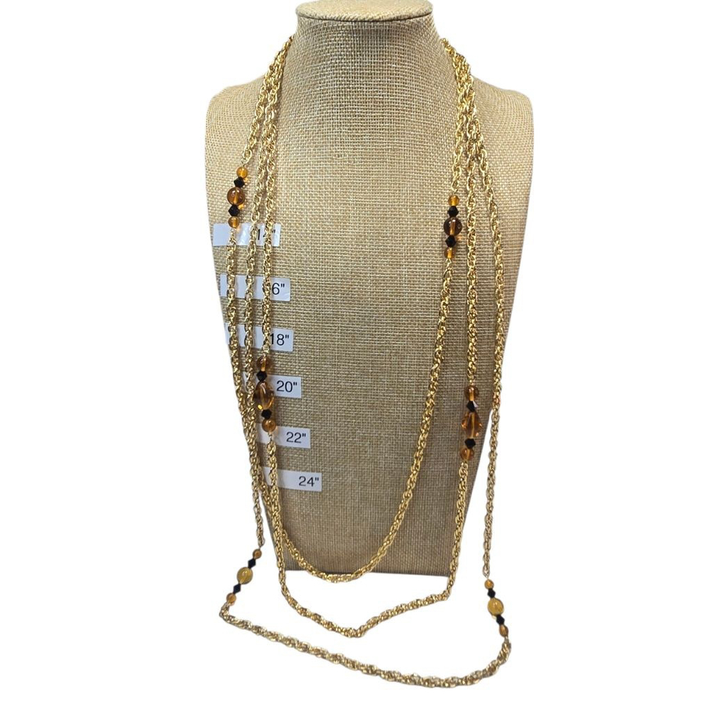 Joan Rivers Necklace Womens Triple Strand Amber Black Beaded Goldtone Chain 35$
